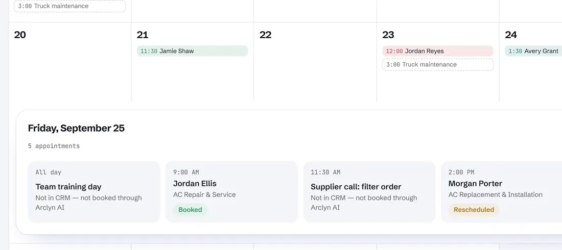 Calendar with one day's agenda opened. Sample data.