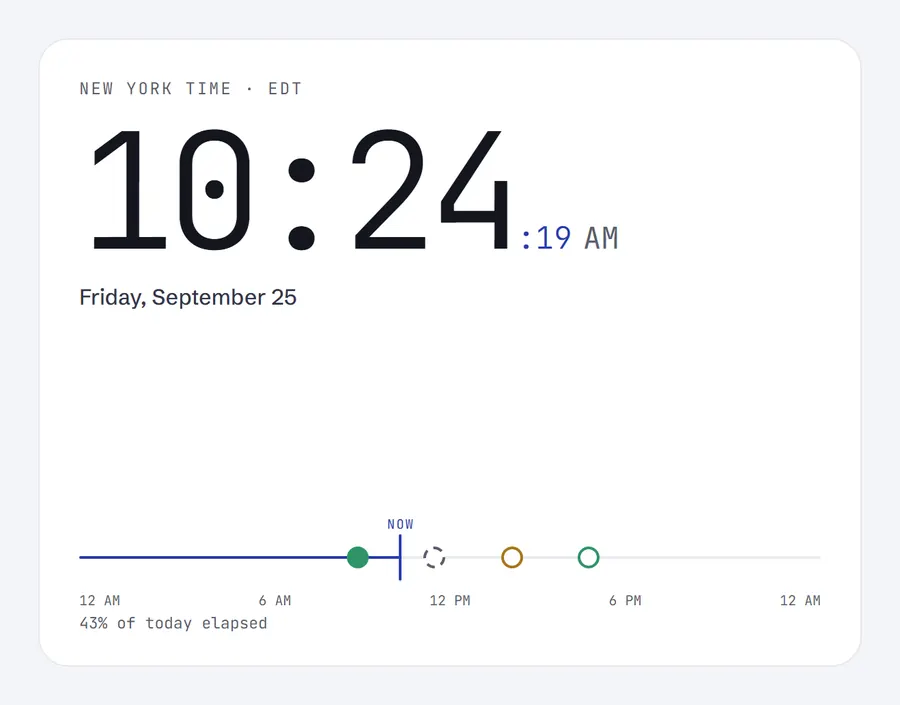 Live clock card with the day line and appointment dots. Sample data.