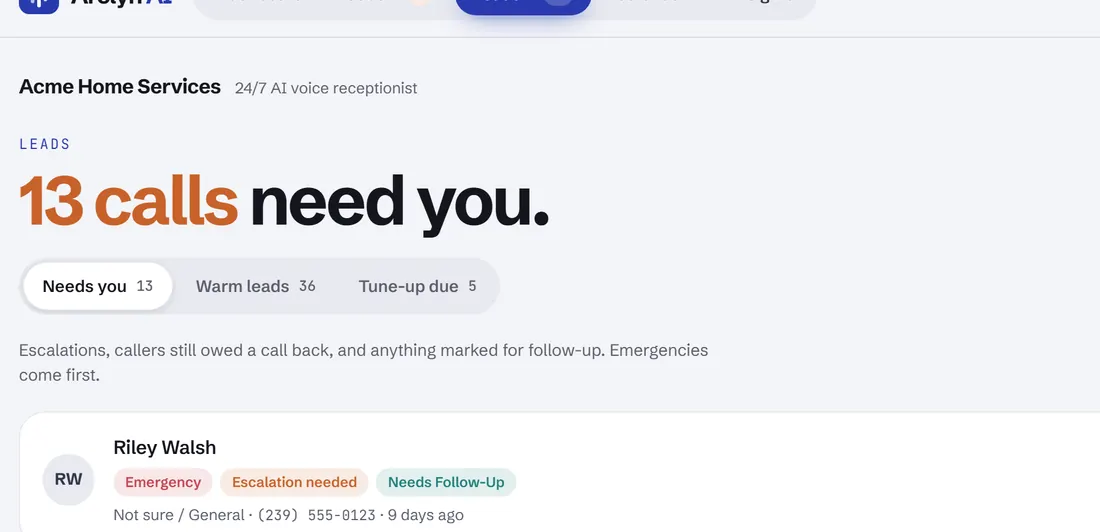Leads page with Needs you, Warm leads and Tune-up due tabs. Sample data.
