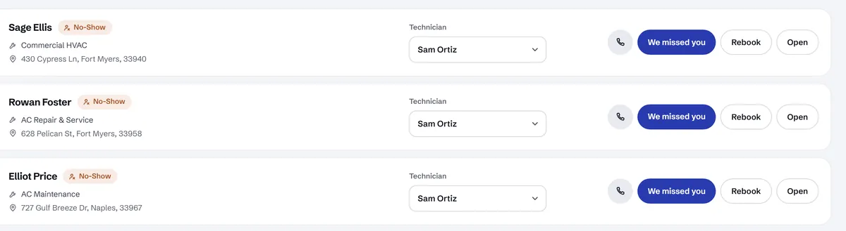 No-show jobs with We missed you and Rebook buttons. Sample data.