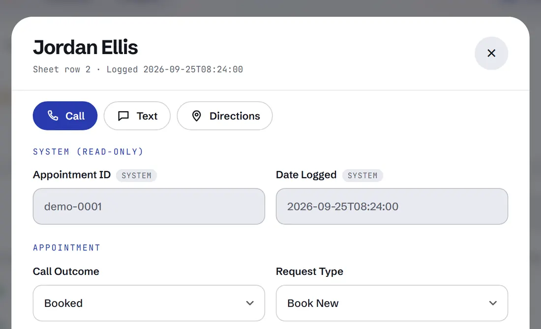 Call record with Call, Text and Directions buttons. Sample data.