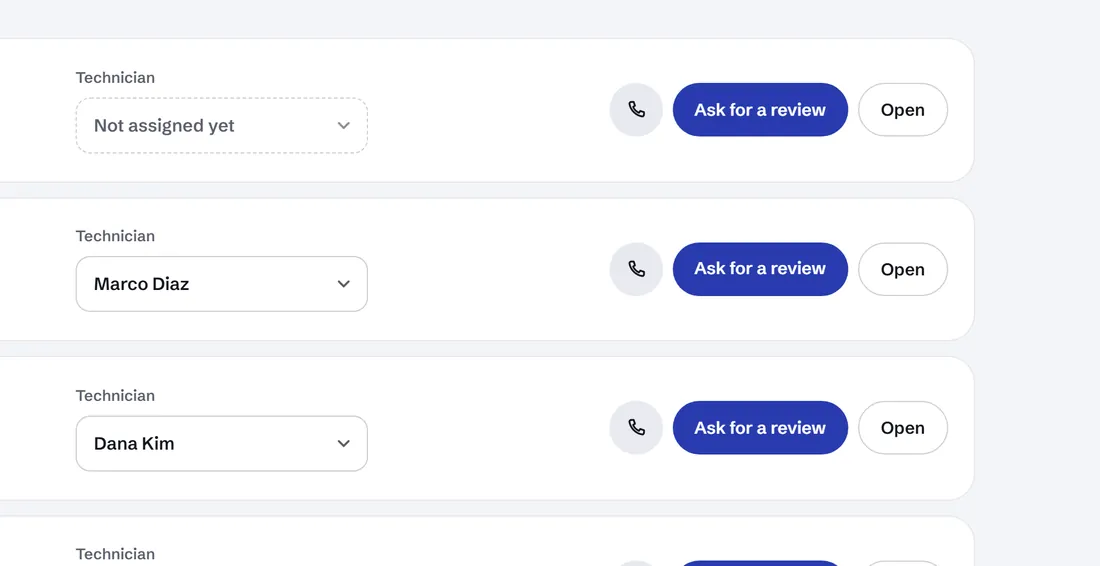 Completed jobs, each with an Ask for a review button. Sample data.