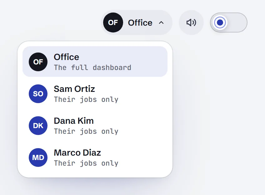 The view switch: Office for the full dashboard, or a technician's name for their jobs only. Sample data.