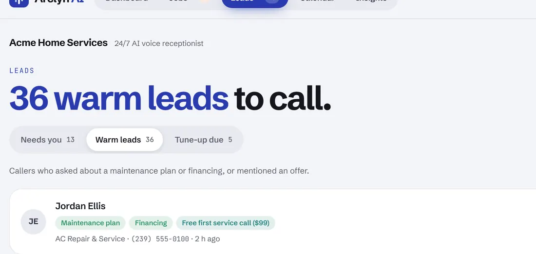 Leads page, Warm leads tab. Sample data.