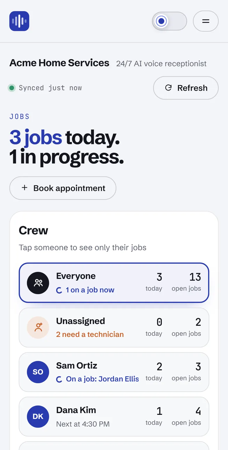 The Jobs page on a phone with the crew list. Sample data.