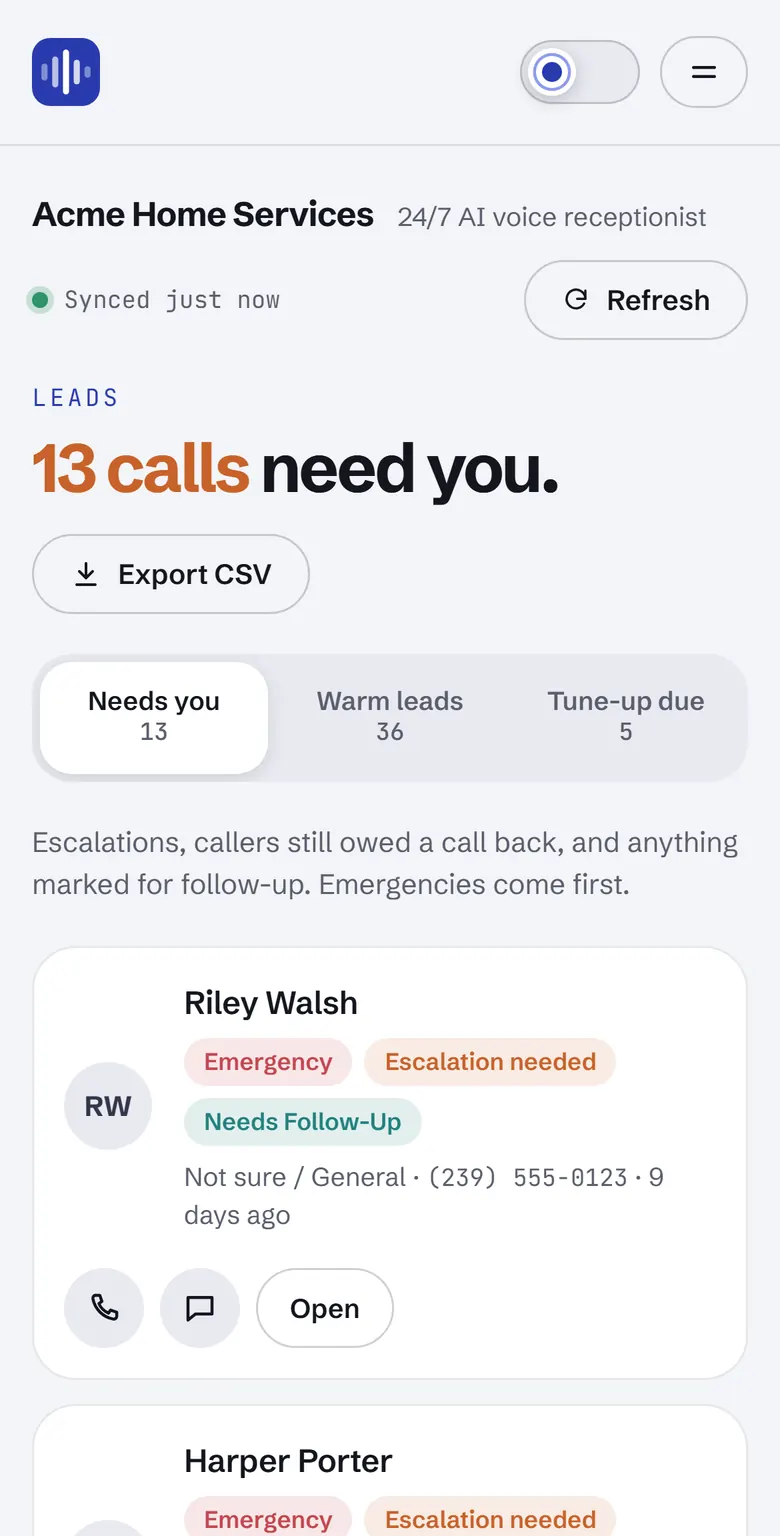 The Leads page on a phone. Sample data.