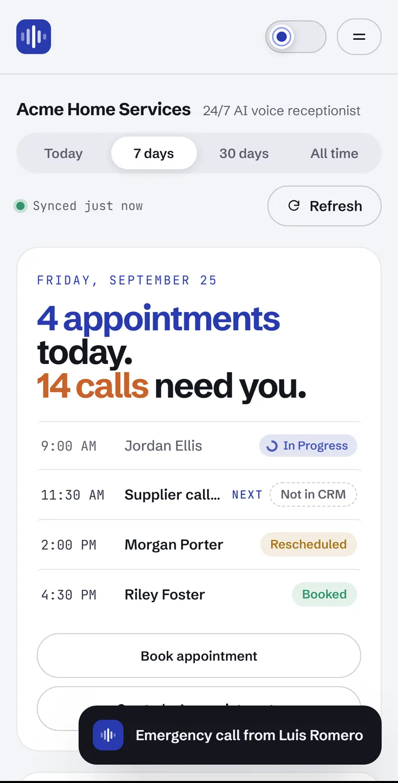 A new emergency call alert on the phone dashboard. Sample data.