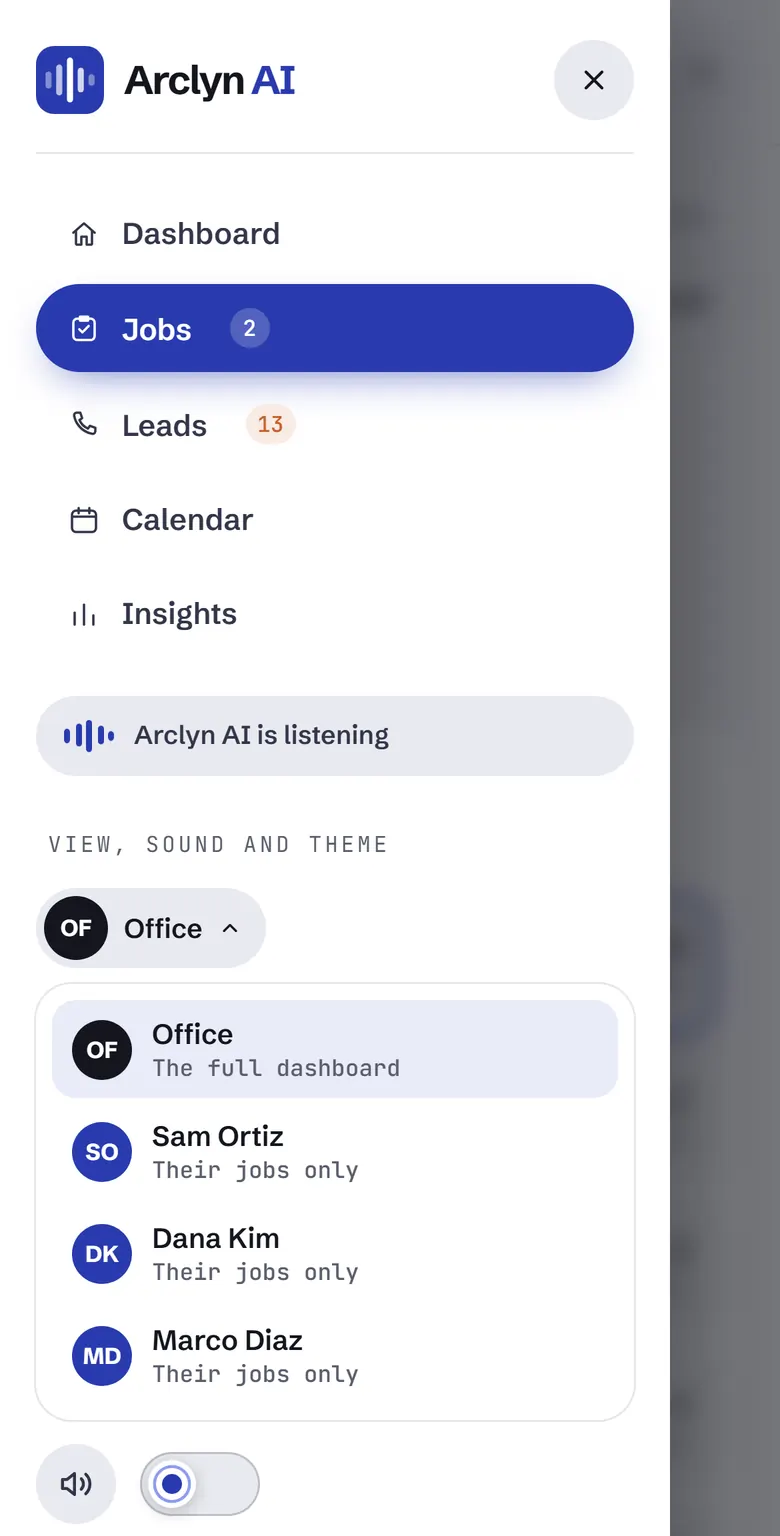 The phone menu with the view switch: Office or a technician's own jobs. Sample data.