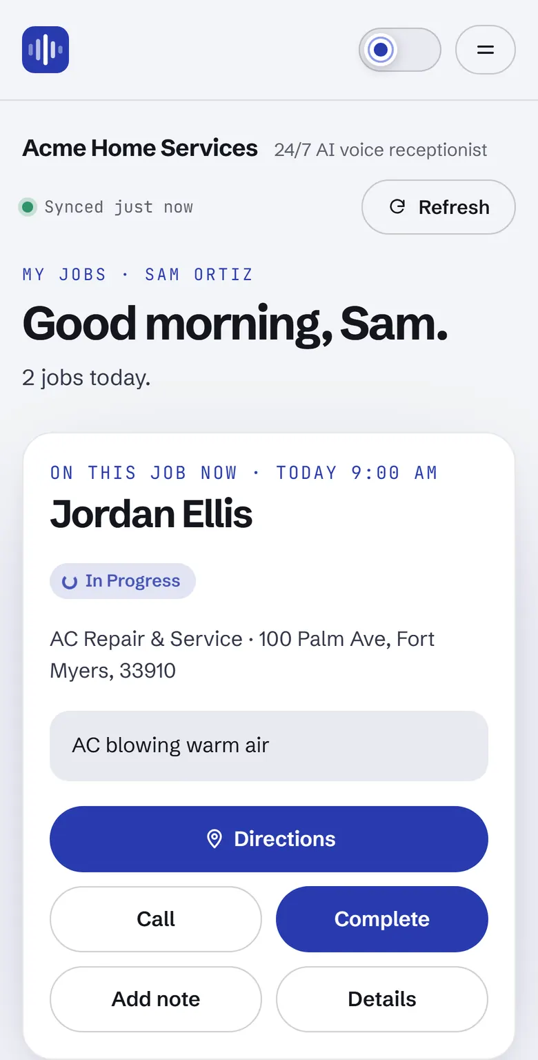 A technician's next job on their phone, with Directions, Call and Complete. Sample data.