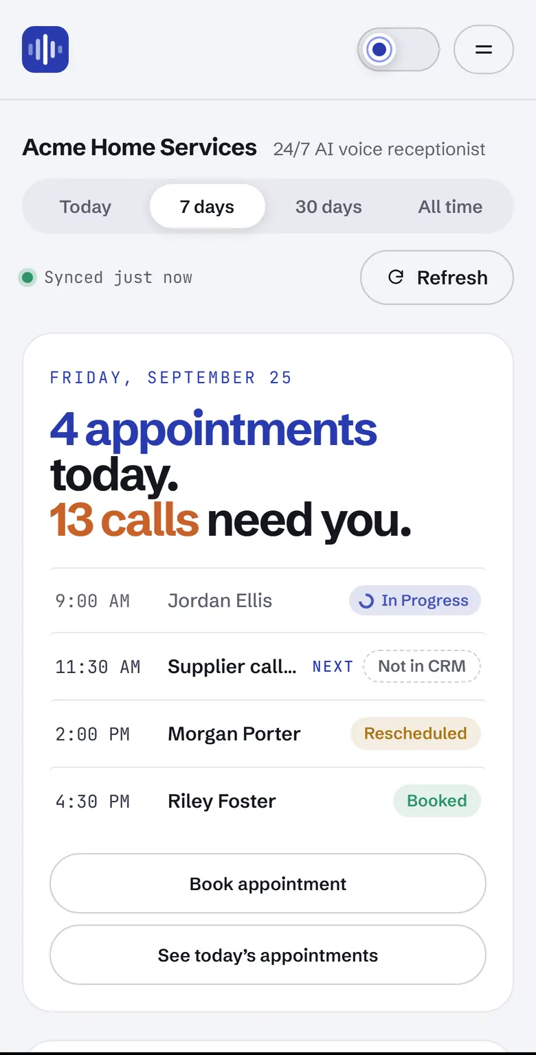The dashboard on a phone with today's appointments. Sample data.