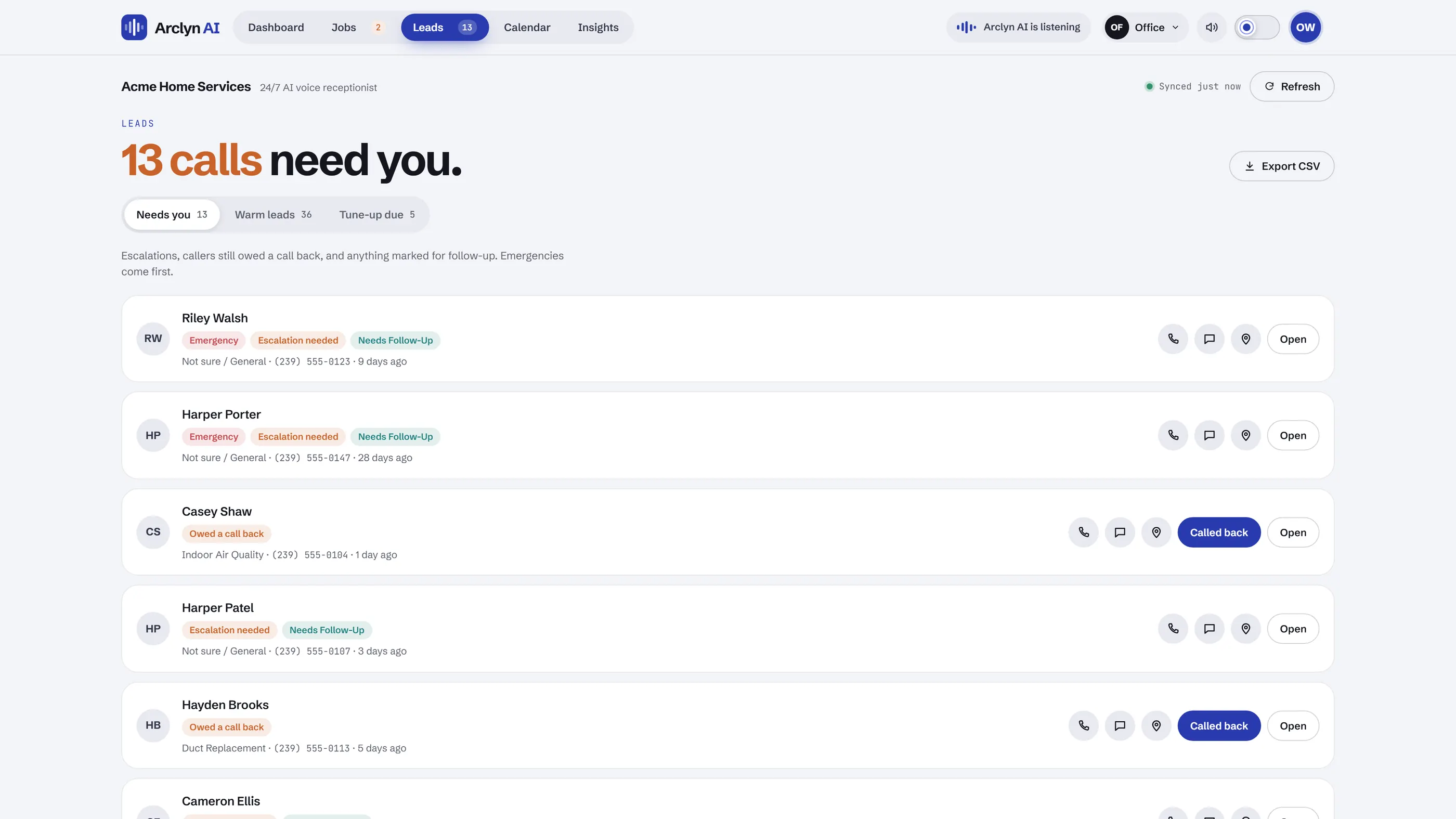 Leads page, Needs you tab: a list of callers with follow-up and call-back tags and Call, Text, Directions and Called back buttons. Sample data.
