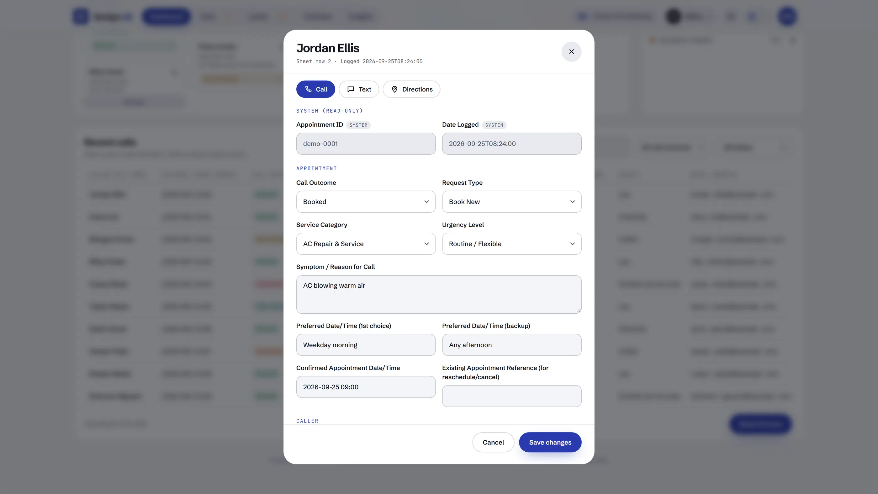 A call record window with Call, Text and Directions buttons above editable call details. Sample data.