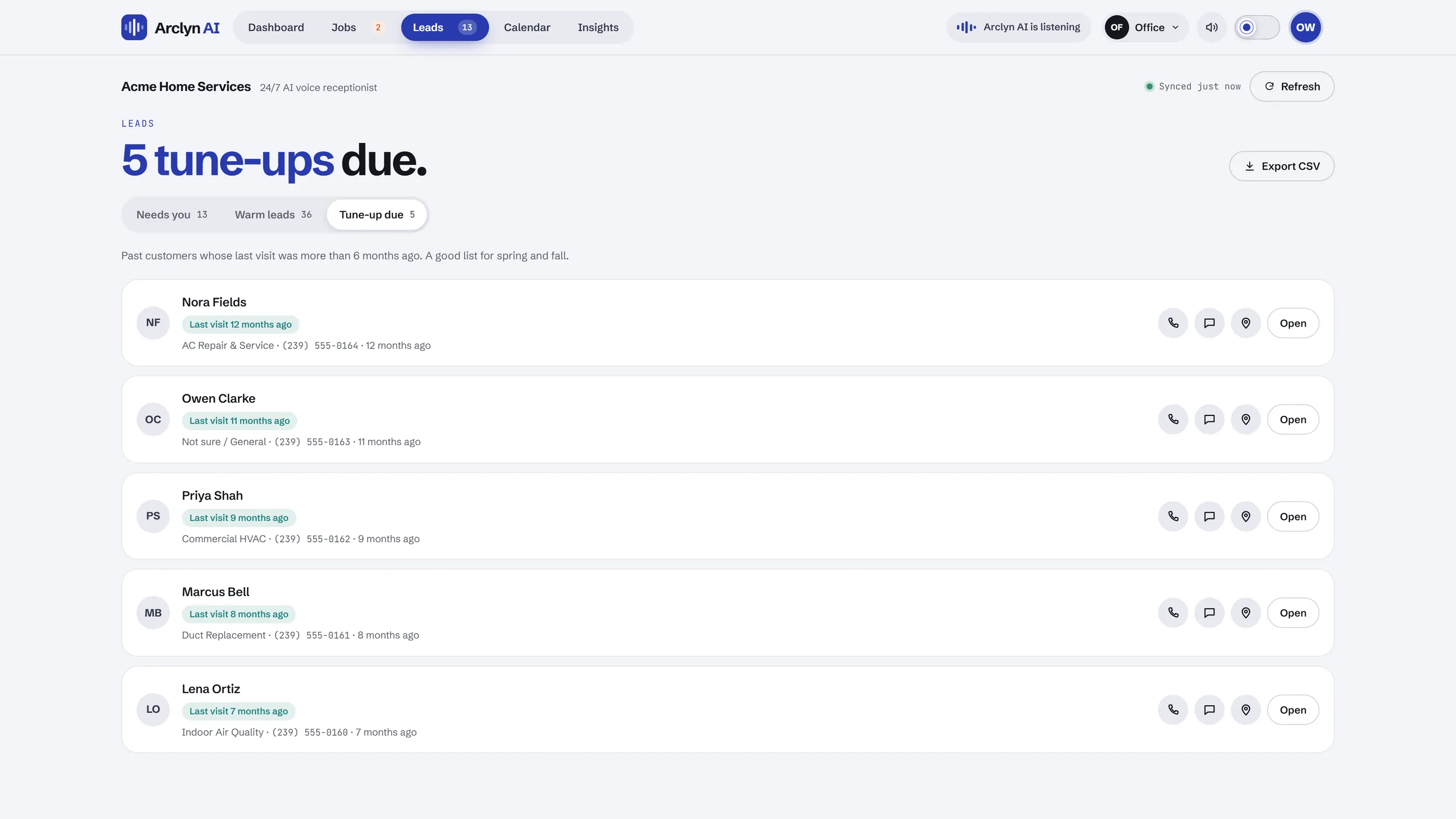 Leads page, Tune-up due tab: past customers whose last visit was more than six months ago. Sample data.