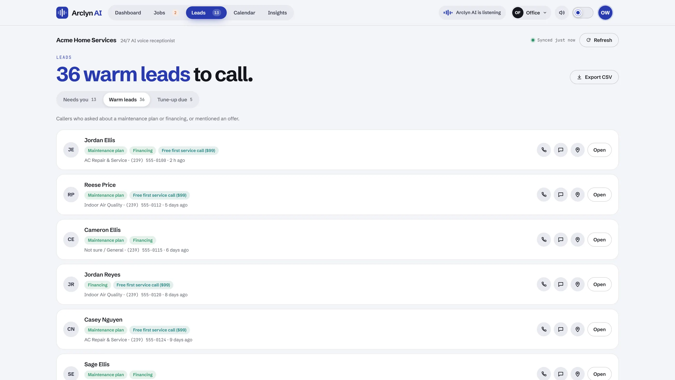Leads page, Warm leads tab: callers tagged with maintenance plan, financing or an offer. Sample data.