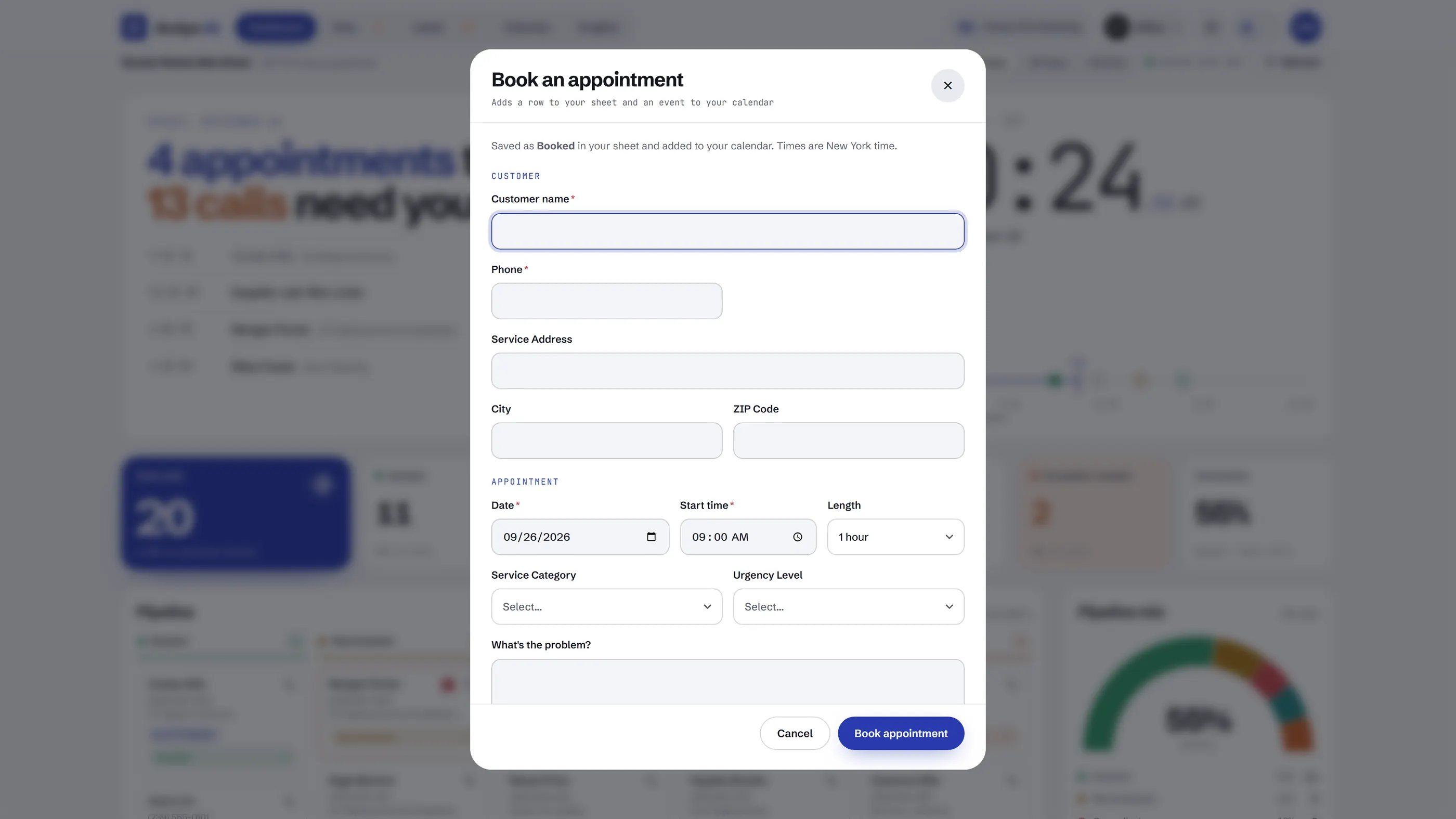 Book an appointment window with customer, phone, address, date, time and service fields. Sample data.