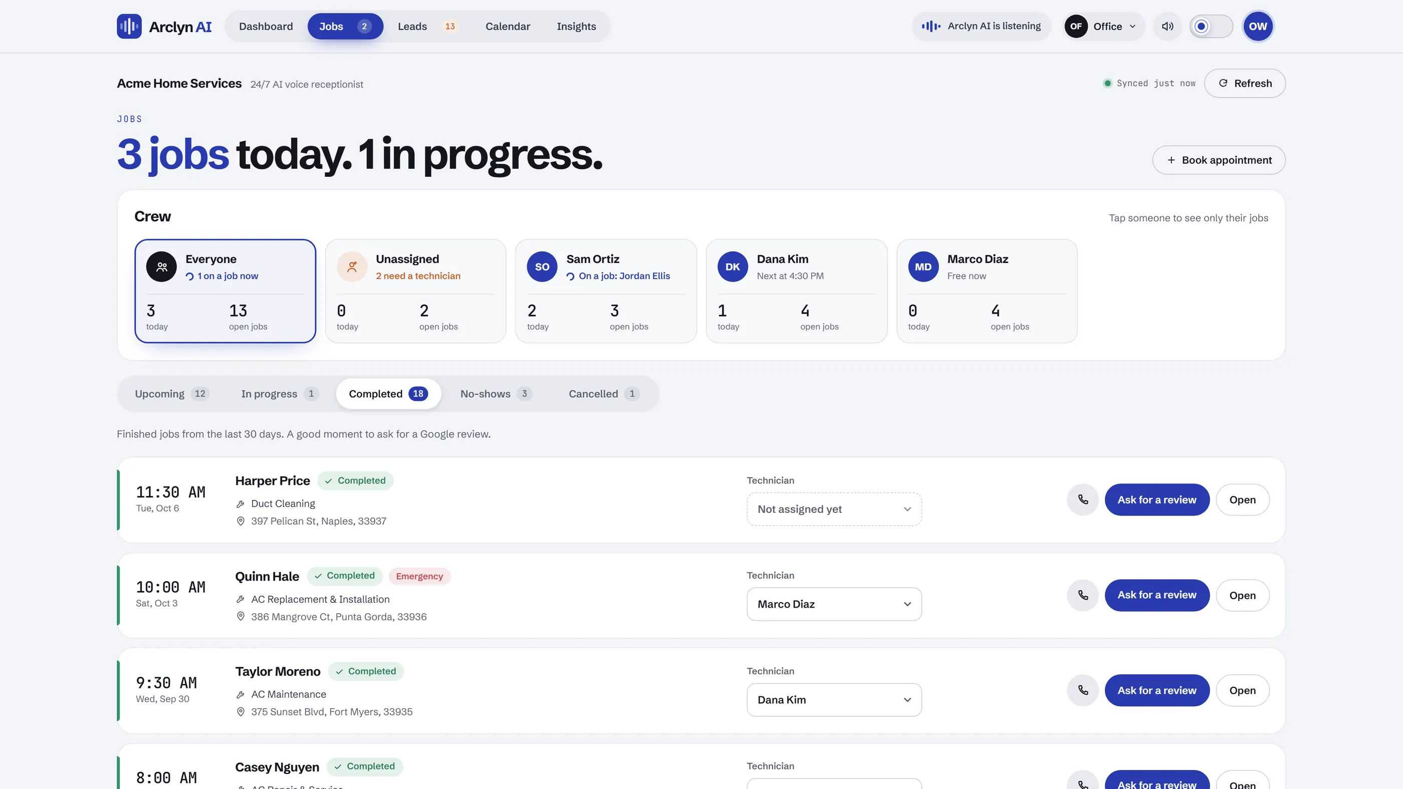 Jobs page, Completed tab: finished jobs, each with an Ask for a review button. Sample data.