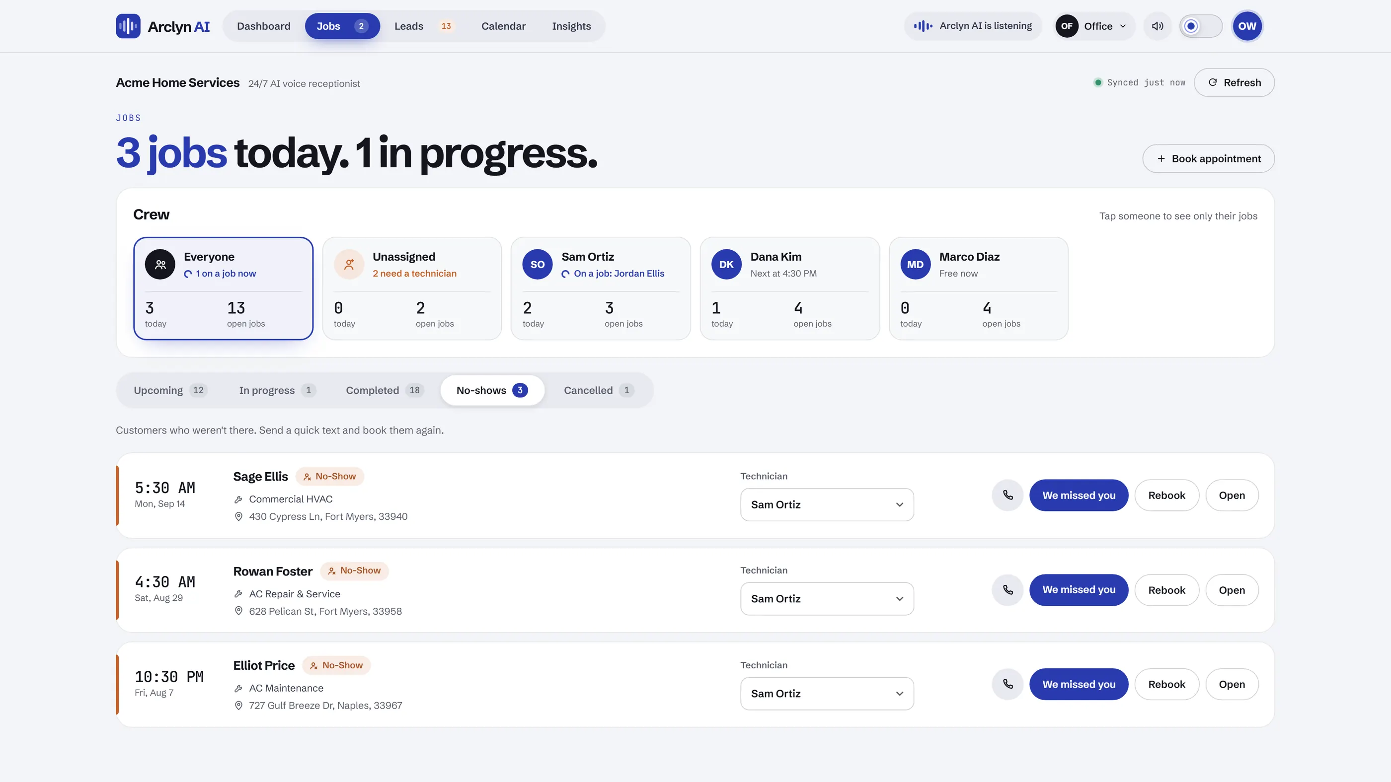 Jobs page, No-shows tab: missed appointments with We missed you and Rebook buttons. Sample data.