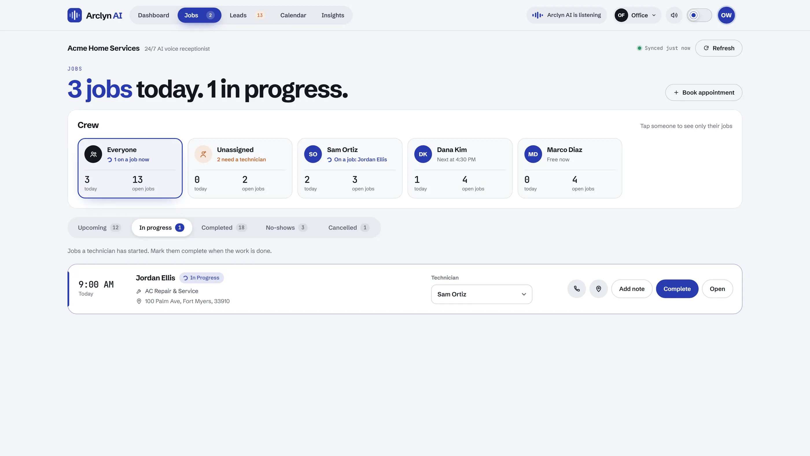 Jobs page, In progress tab: a job a technician has started, with Add note and Complete buttons. Sample data.
