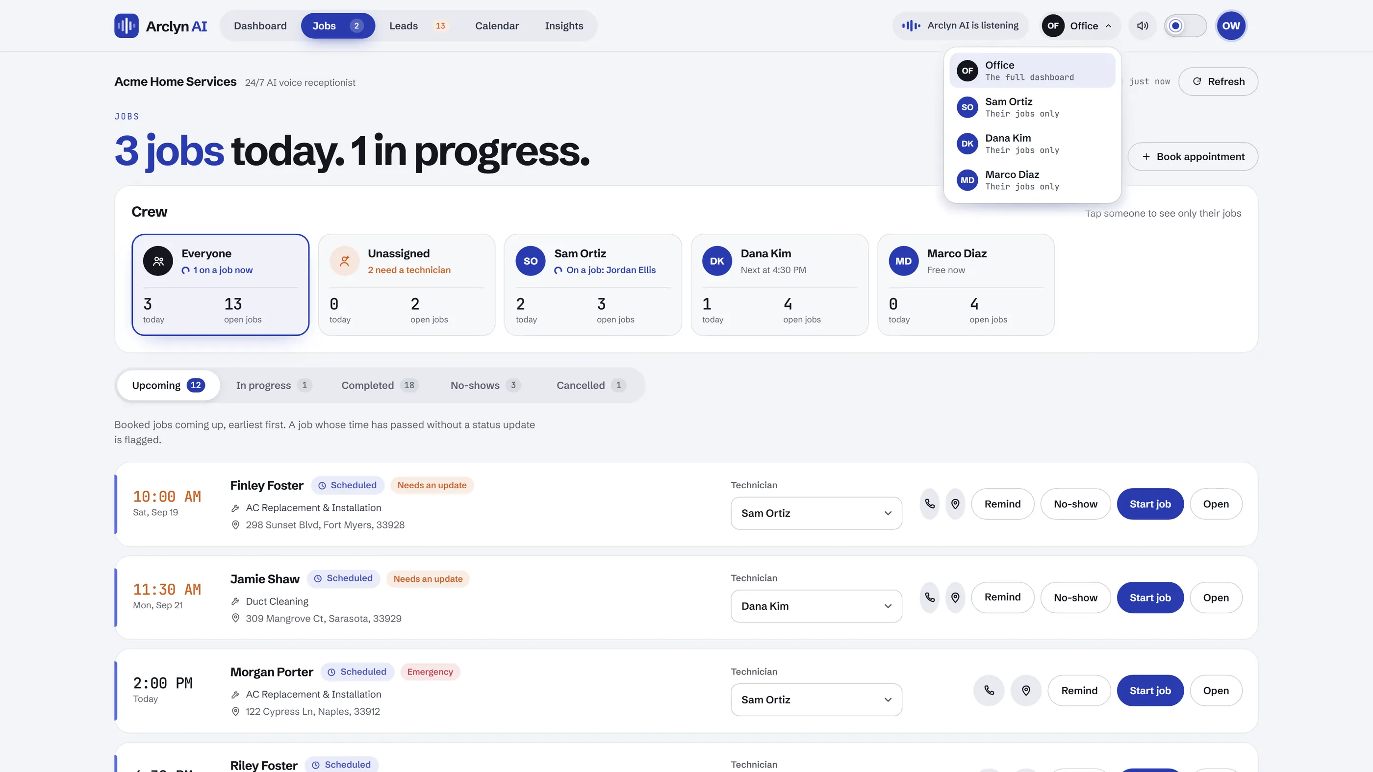 The Jobs page with the view switch open in the top bar: Office for the full dashboard, or a technician's name for their jobs only. Sample data.