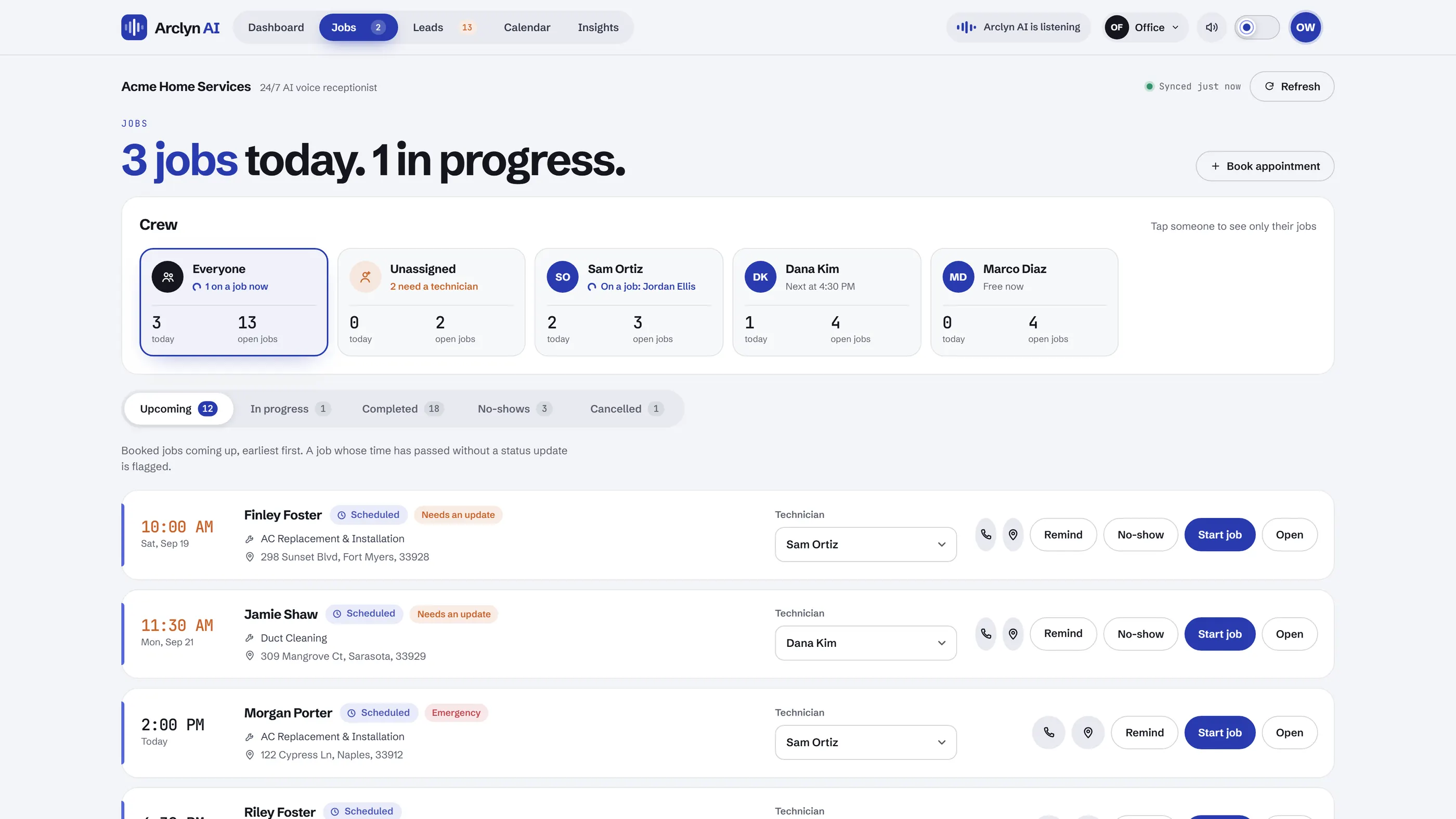Jobs page: a plain-English headline, a crew panel with a card for each technician, and upcoming jobs with a technician picker and Remind, Start job and Open buttons. Sample data.